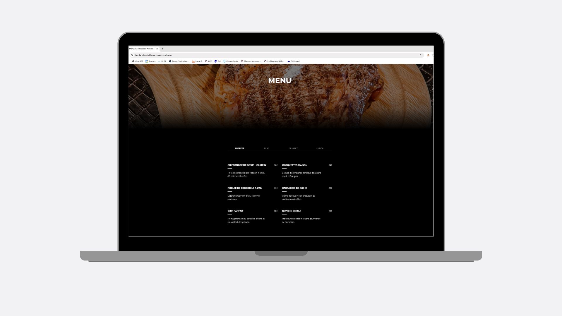 Menu site web restaurant La Planche d'Ailleurs Odoo